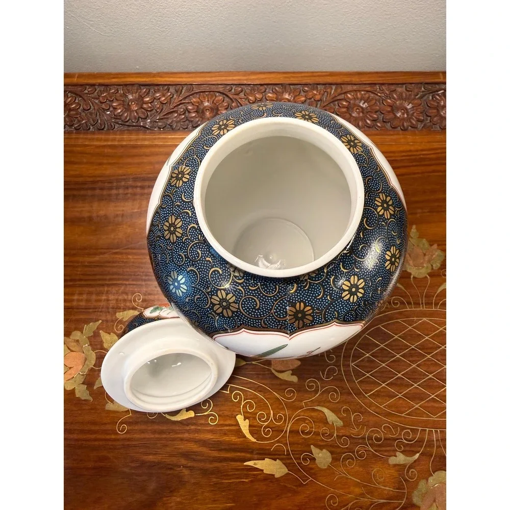 Vintage Japanese Ginger Jar • Cobalt Blue Gold Floral Imari Style Porcelain